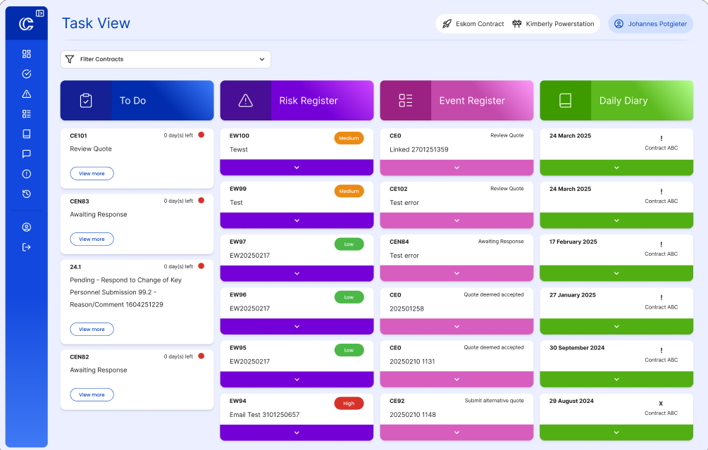 Contractly task view dashboard showing To Do, Risk Register, Event Register and Daily Diary columns